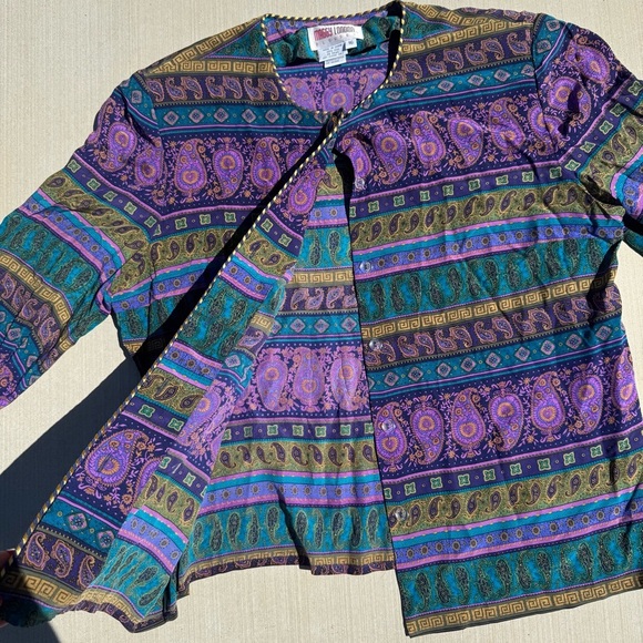 Maggy London 100% Silk Vintage Teal\Purple Embellished Button Up Blouse Size 16 - Picture 3 of 6